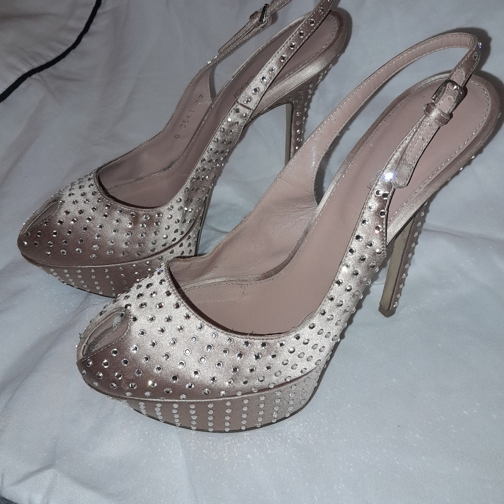 SERGIO ROSSI w/ SWAROVSKI (Crystalcoated) Satin Platform Slingback Pumps in Nude